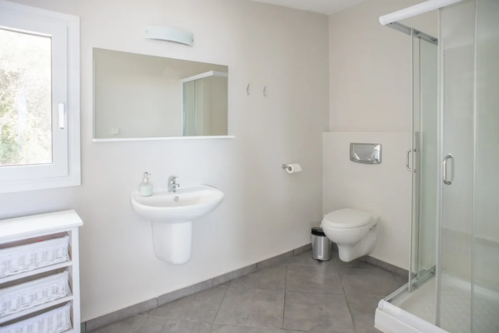 Bathroom at the double bed room and minimal design at Aegean Breeze Villa