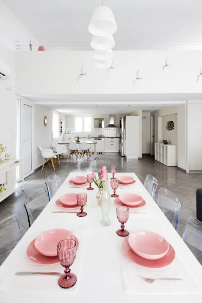 Bright kitchen with dining area in a private villa in Skiathos